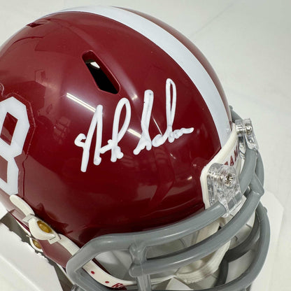Autographed/Signed Nick Saban Alabama Crimson Tide Mini College Football Helmet Beckett BAS COA