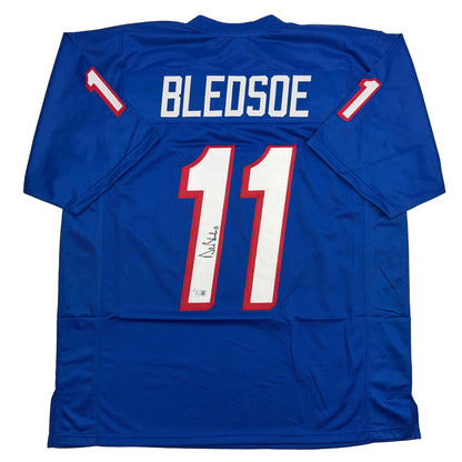 Autographed/Signed Drew Bledsoe New England Blue Football Jersey Beckett BAS COA