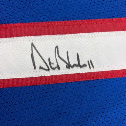 Autographed/Signed Drew Bledsoe New England Blue Football Jersey Beckett BAS COA