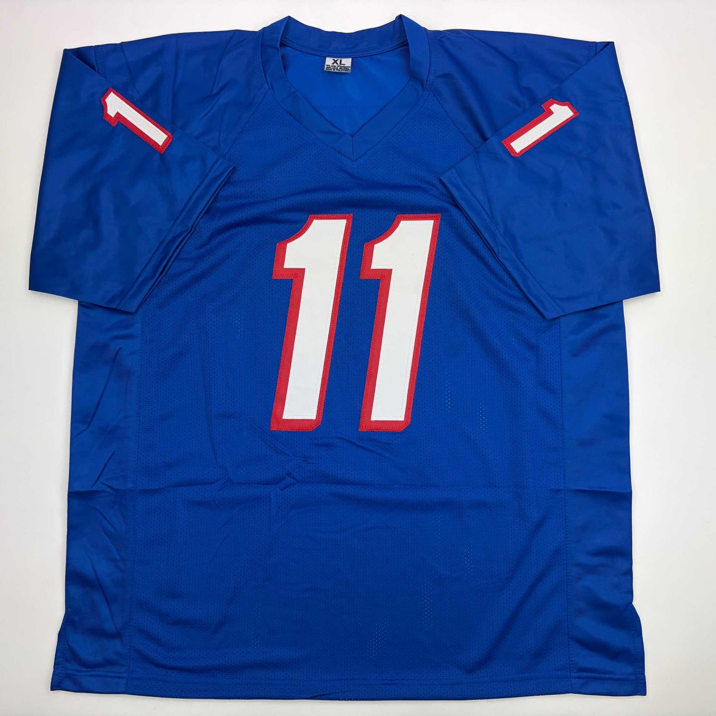 Autographed/Signed Drew Bledsoe New England Blue Football Jersey Beckett BAS COA