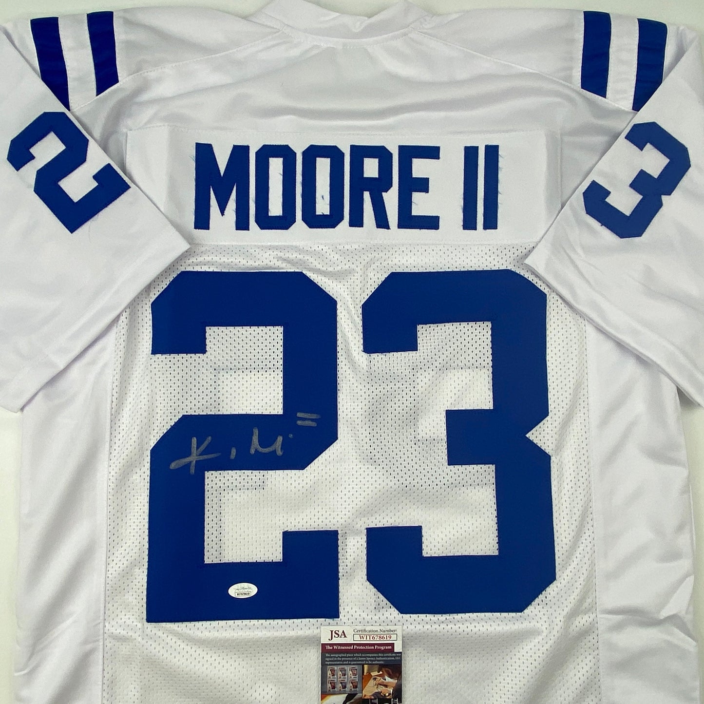 Autographed/Signed Kenny Moore II Indianapolis White Football Jersey JSA COA