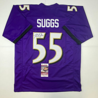 Autographed/Signed Terrell Suggs Baltimore Purple Football Jersey JSA COA
