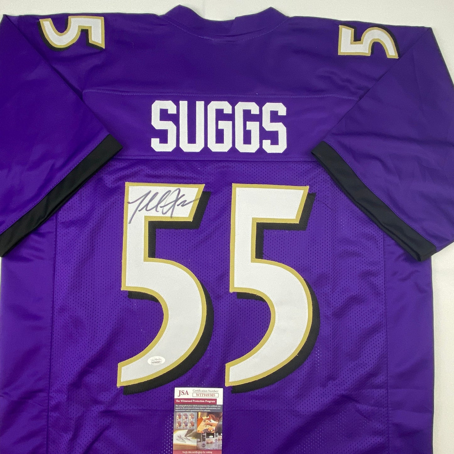 Autographed/Signed Terrell Suggs Baltimore Purple Football Jersey JSA COA
