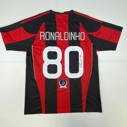 Autographed/Signed Ronaldinho AC Milan Red/Black Soccer Futbol Jersey Beckett BAS COA