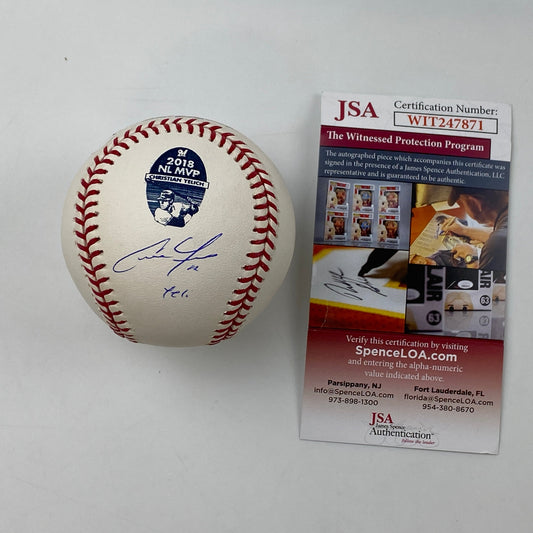 Autographed/Signed Christian Yelich Yeli 2018 NL MVP Rawlings Official Major League Baseball ROML JSA COA