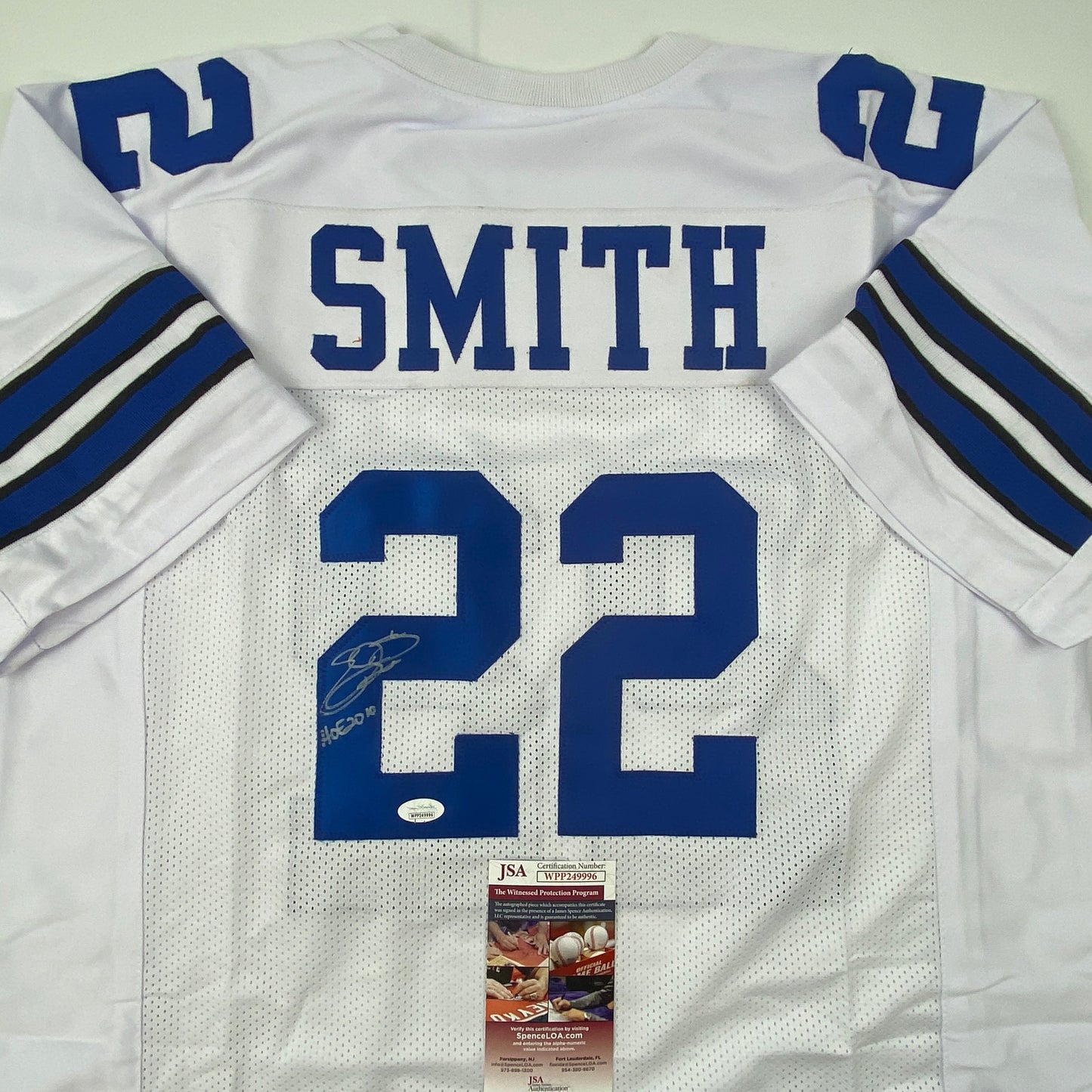 Autographed/Signed Emmitt Smith Dallas White HOF 2010 Football Jersey JSA COA