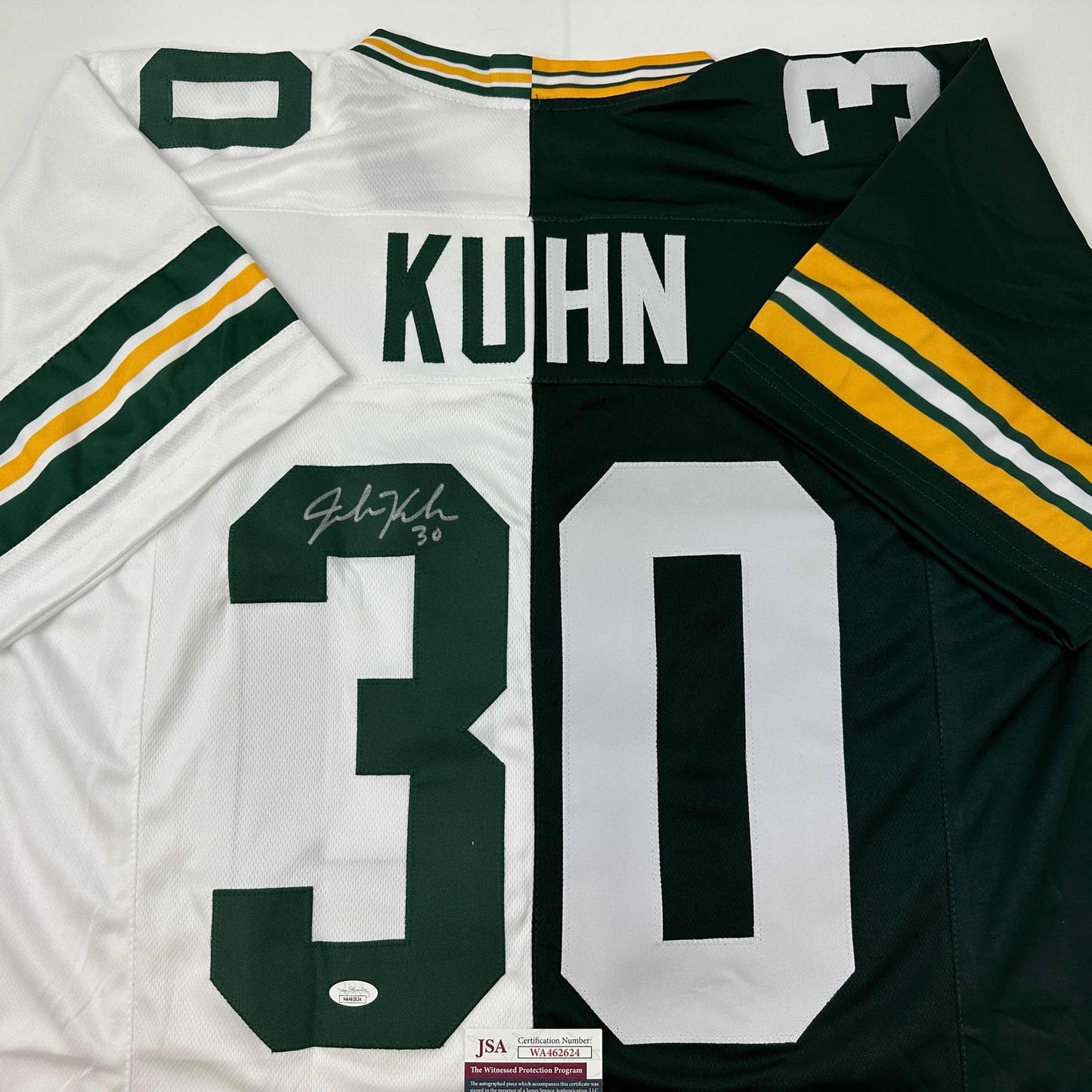 Autographed/Signed John Kuhn Green Bay Split Green/White Football Jersey JSA COA