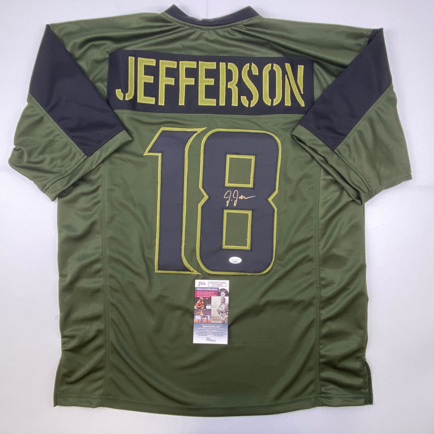 Autographed/Signed Justin Jefferson Green Salute To Service Football Jersey JSA COA