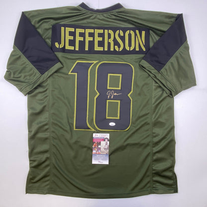 Autographed/Signed Justin Jefferson Green Salute To Service Football Jersey JSA COA