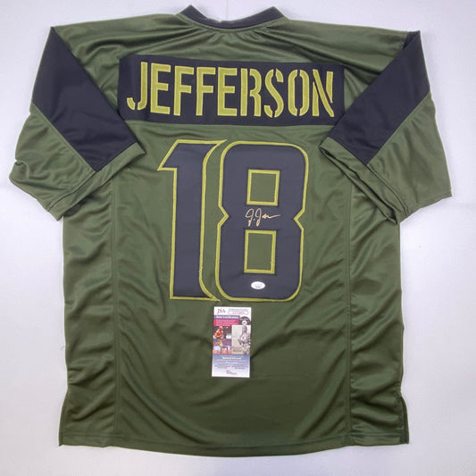 Autographed/Signed Justin Jefferson Green Salute To Service Football Jersey JSA COA