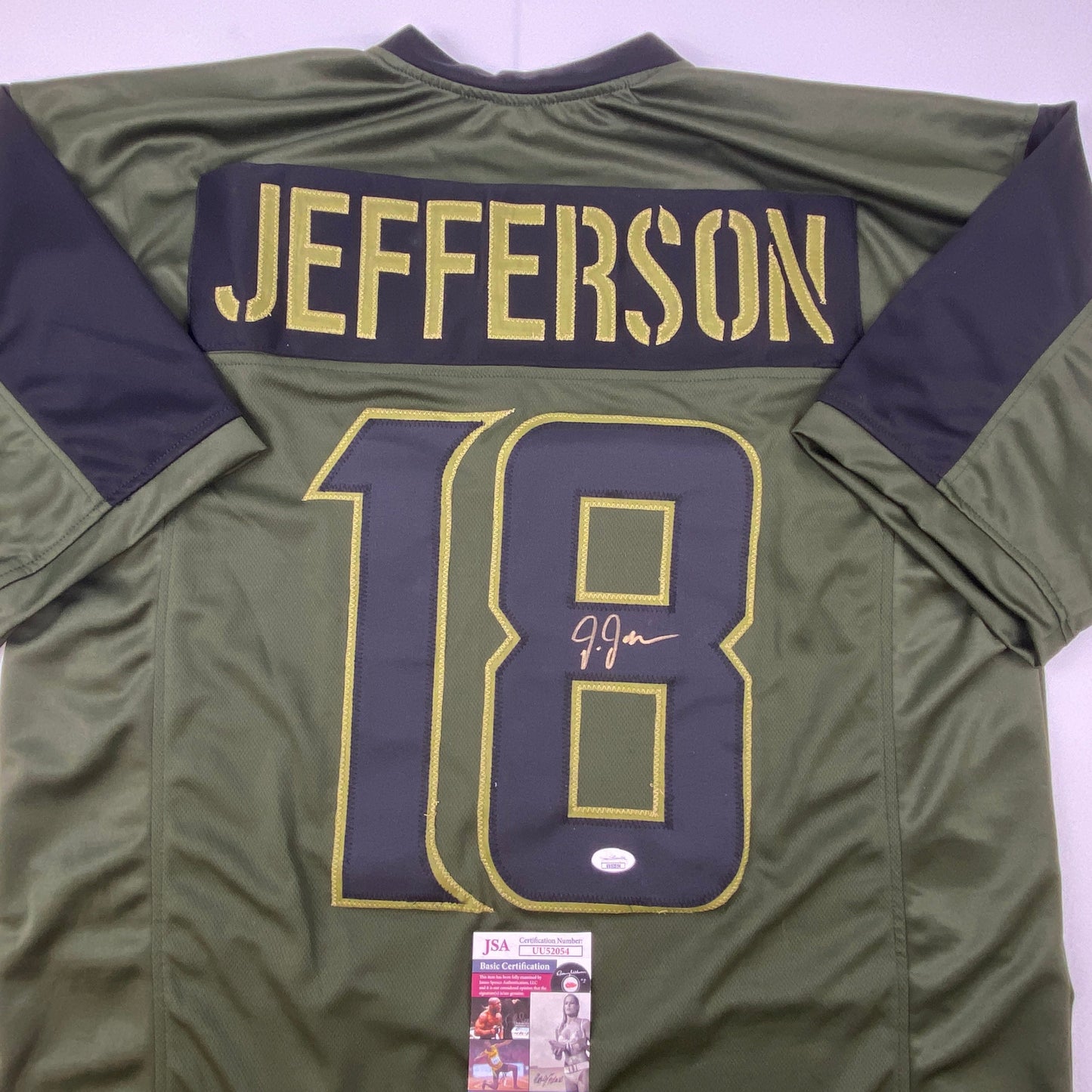 Autographed/Signed Justin Jefferson Green Salute To Service Football Jersey JSA COA