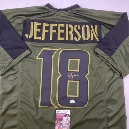 Autographed/Signed Justin Jefferson Green Salute To Service Football Jersey JSA COA