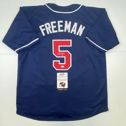 Autographed/Signed Freddie Freeman Atlanta Blue Baseball Jersey Lojo Exclusive COA