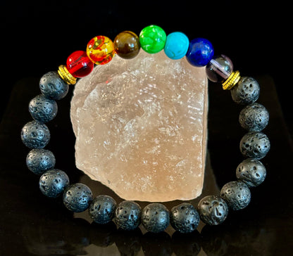 Reiki-Infused Chakra Beaded Bracelet – Volcanic Lava Rock & Natural Healing Stones