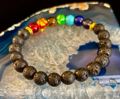 Chakra Beaded Bracelet – Volcanic Lava Rock & Natural Healing Stones