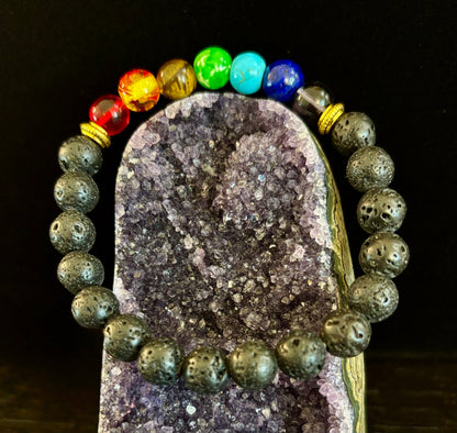 Chakra Beaded Bracelet – Volcanic Lava Rock & Natural Healing Stones