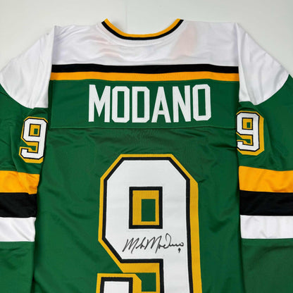 Autographed/Signed Mike Modano Minnesota Green Hockey Jersey Beckett BAS COA