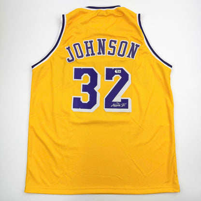 Autographed/Signed Earvin Magic Johnson Los Angeles LA Yellow Basketball Jersey Beckett BAS COA