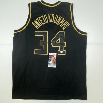 Autographed/Signed Giannis Antetokounmpo Milwaukee Blackout Basketball Jersey JSA COA