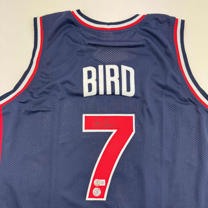 Autographed/Signed Larry Bird United States USA Blue 1992 Dream Team Basketball Jersey Beckett BAS COA