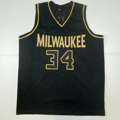 Autographed/Signed Giannis Antetokounmpo Milwaukee Blackout Basketball Jersey JSA COA