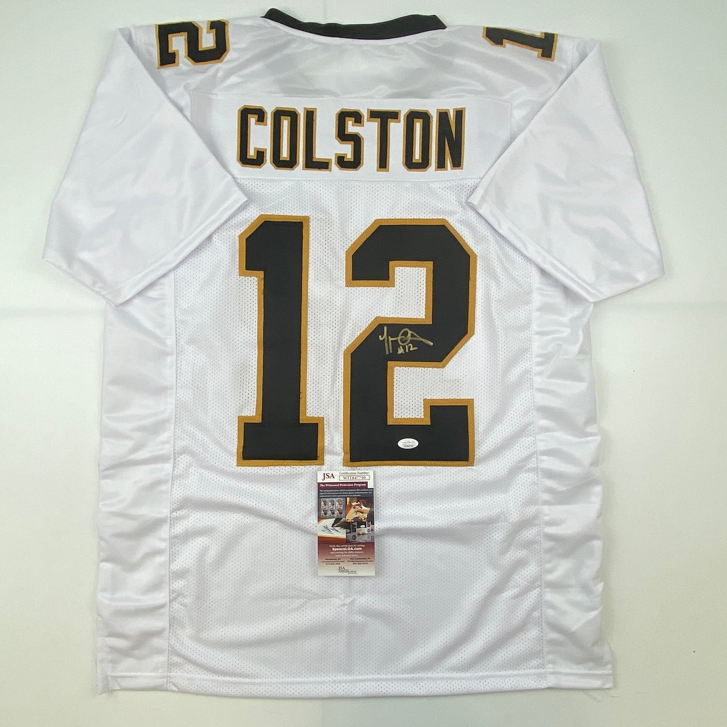 Autographed/Signed Marques Colston New Orleans White Football Jersey JSA COA