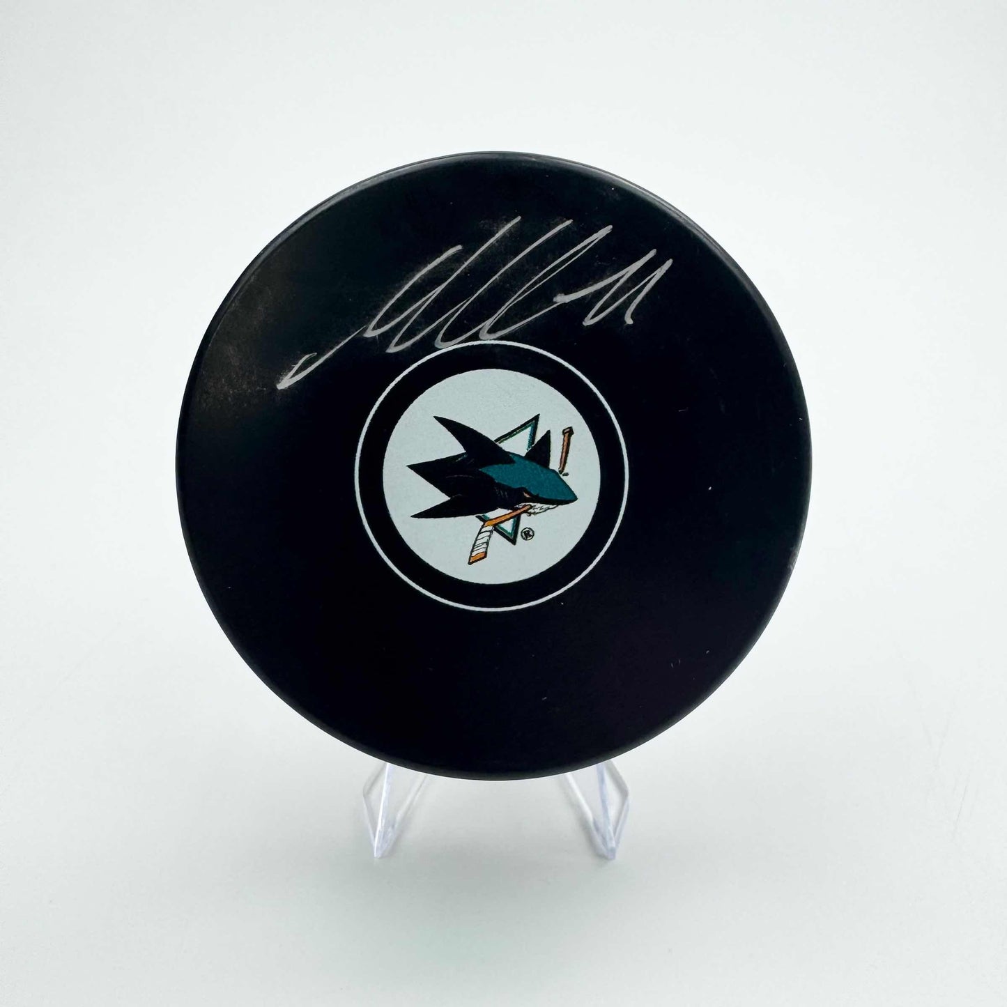 Autographed/Signed Macklin Celebrini San Jose Sharks Logo Hockey Puck Fanatics COA