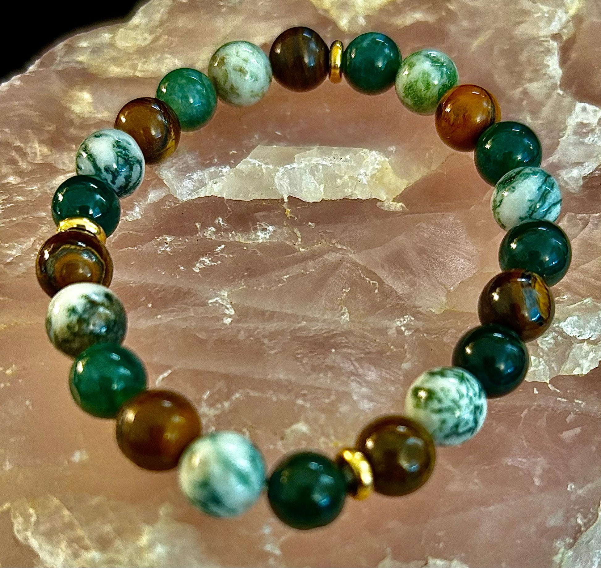 Moss Agate & Tiger Eye Gemstone Bracelet – 8mm Beads for Strength, Healing & Protection - Triathlete Store