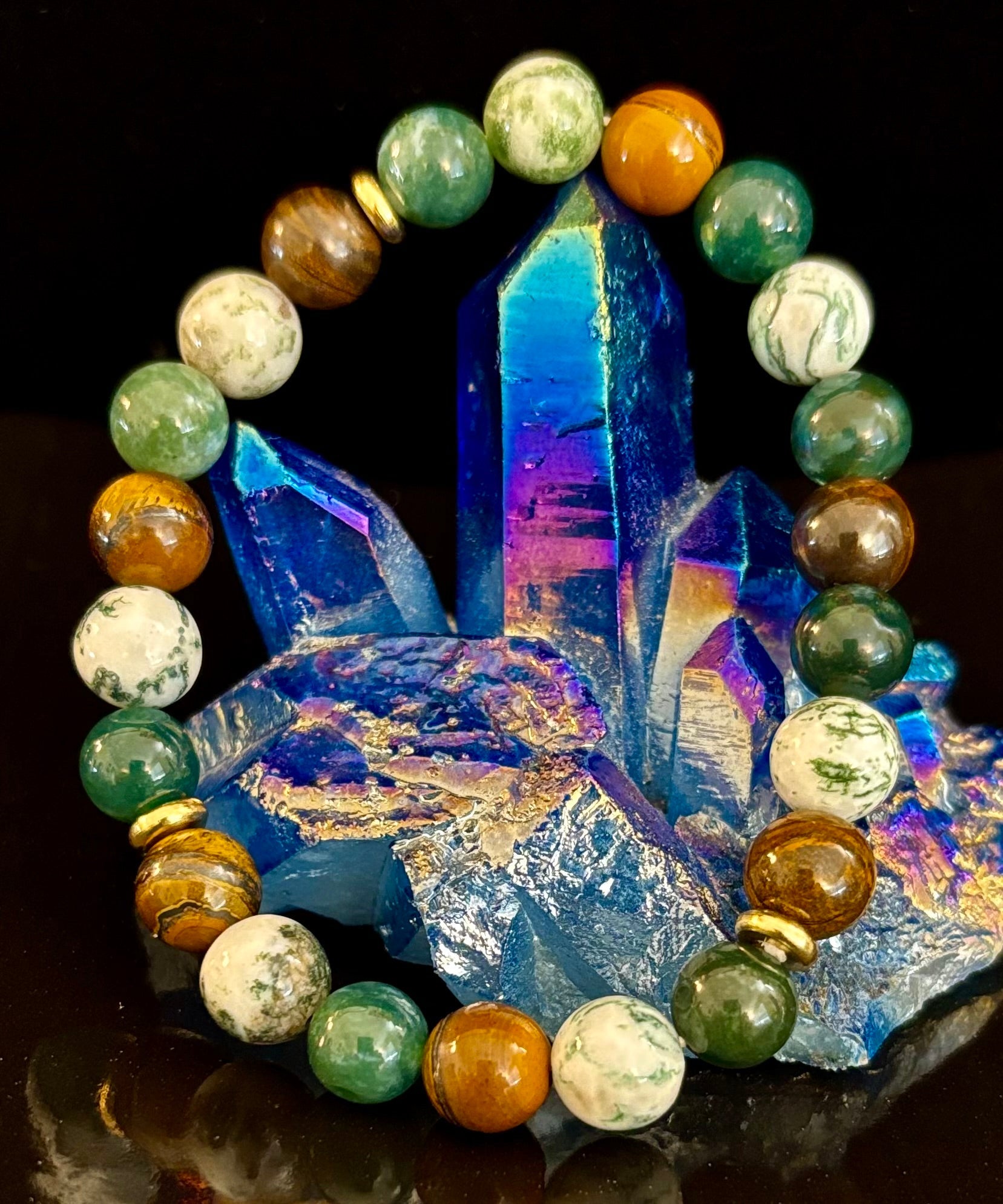 Moss Agate & Tiger Eye Gemstone Bracelet – 8mm Beads for Strength, Healing & Protection - Triathlete Store