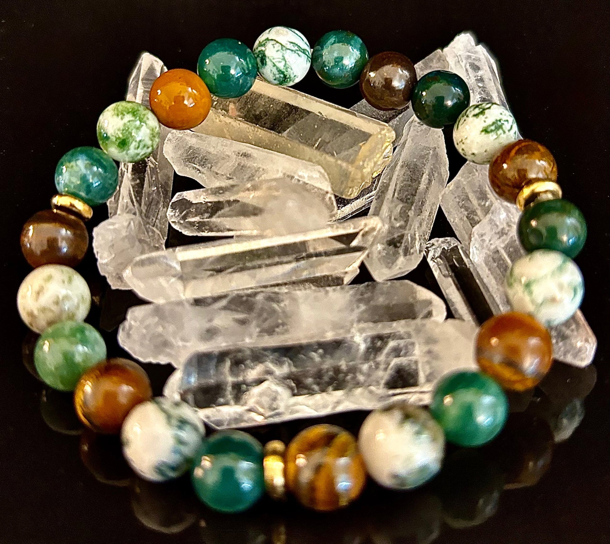 Moss Agate & Tiger Eye Gemstone Bracelet – 8mm Beads for Strength, Healing & Protection - Triathlete Store