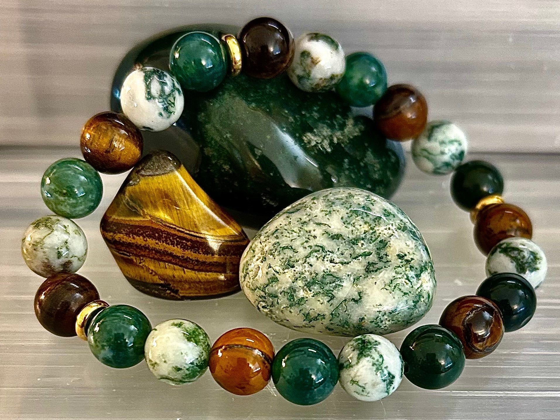 Moss Agate & Tiger Eye Gemstone Bracelet – 8mm Beads for Strength, Healing & Protection - Triathlete Store
