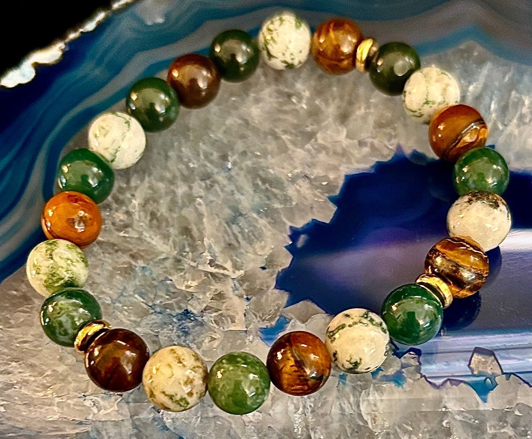 Moss Agate & Tiger Eye Gemstone Bracelet – 8mm Beads for Strength, Healing & Protection - Triathlete Store