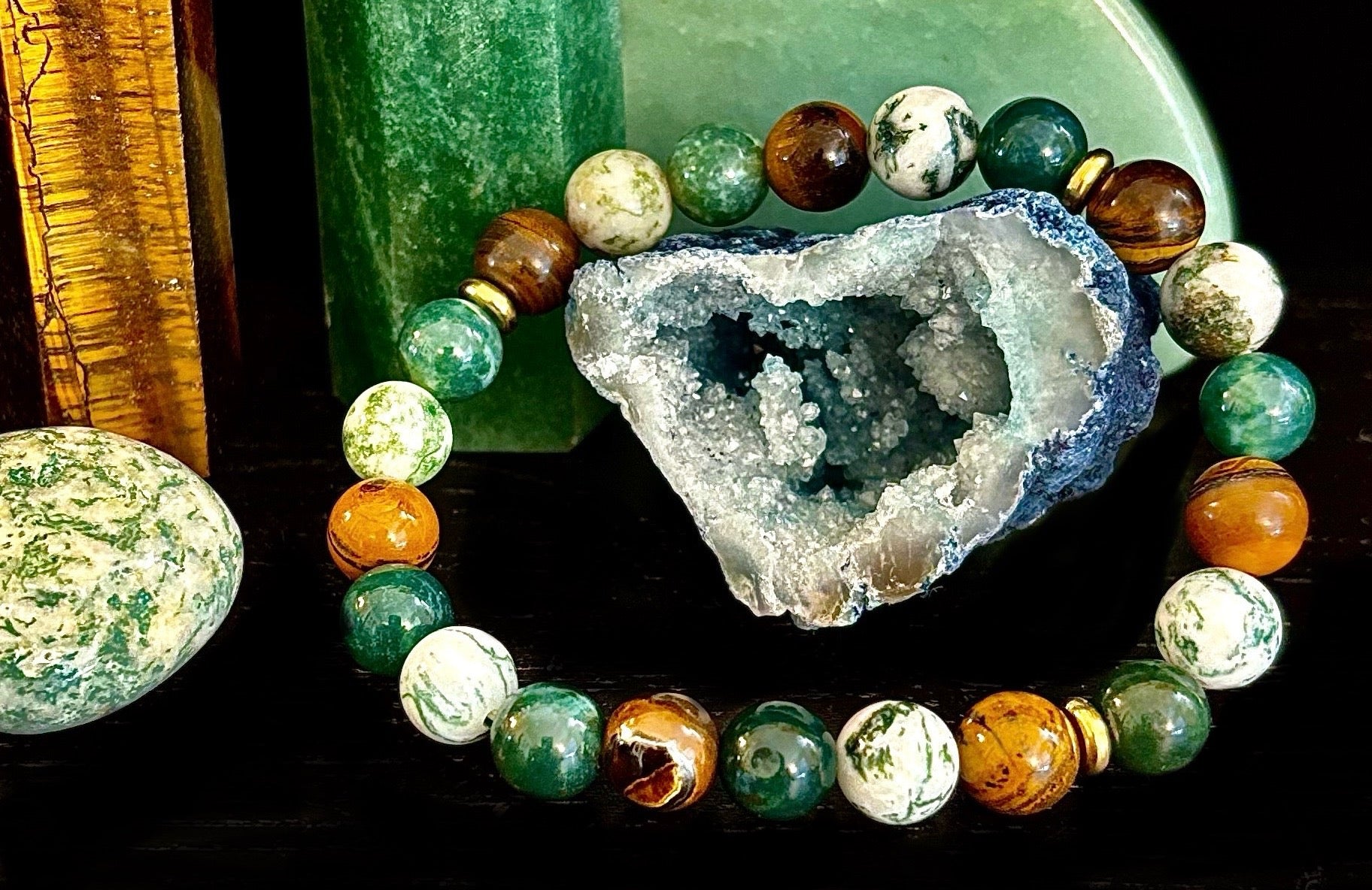 Moss Agate & Tiger Eye Gemstone Bracelet – 8mm Beads for Strength, Healing & Protection - Triathlete Store