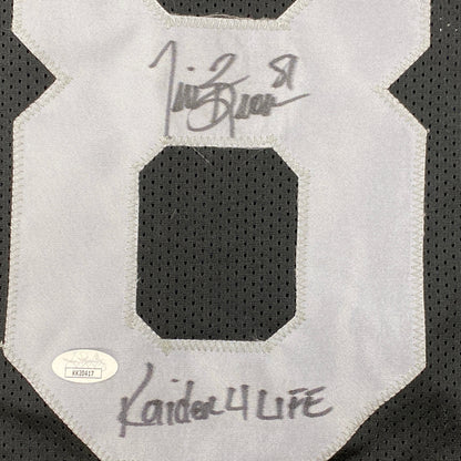 Autographed/Signed Tim Brown Raider 4 Life Oakland Black Football Jersey JSA COA