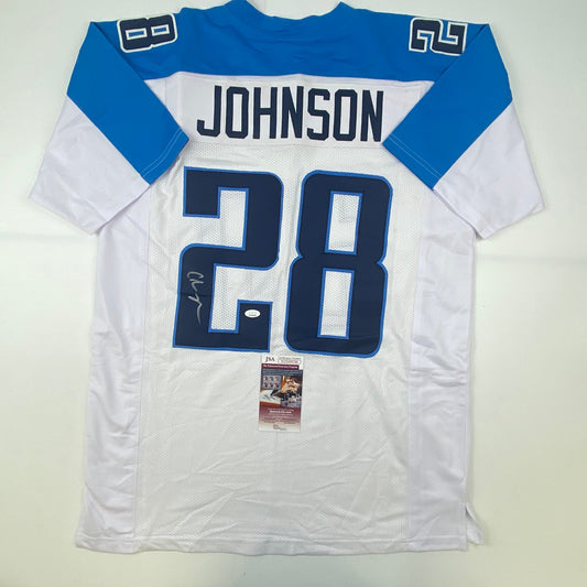 Autographed/Signed Chris Johnson Tennessee White Football Jersey JSA COA