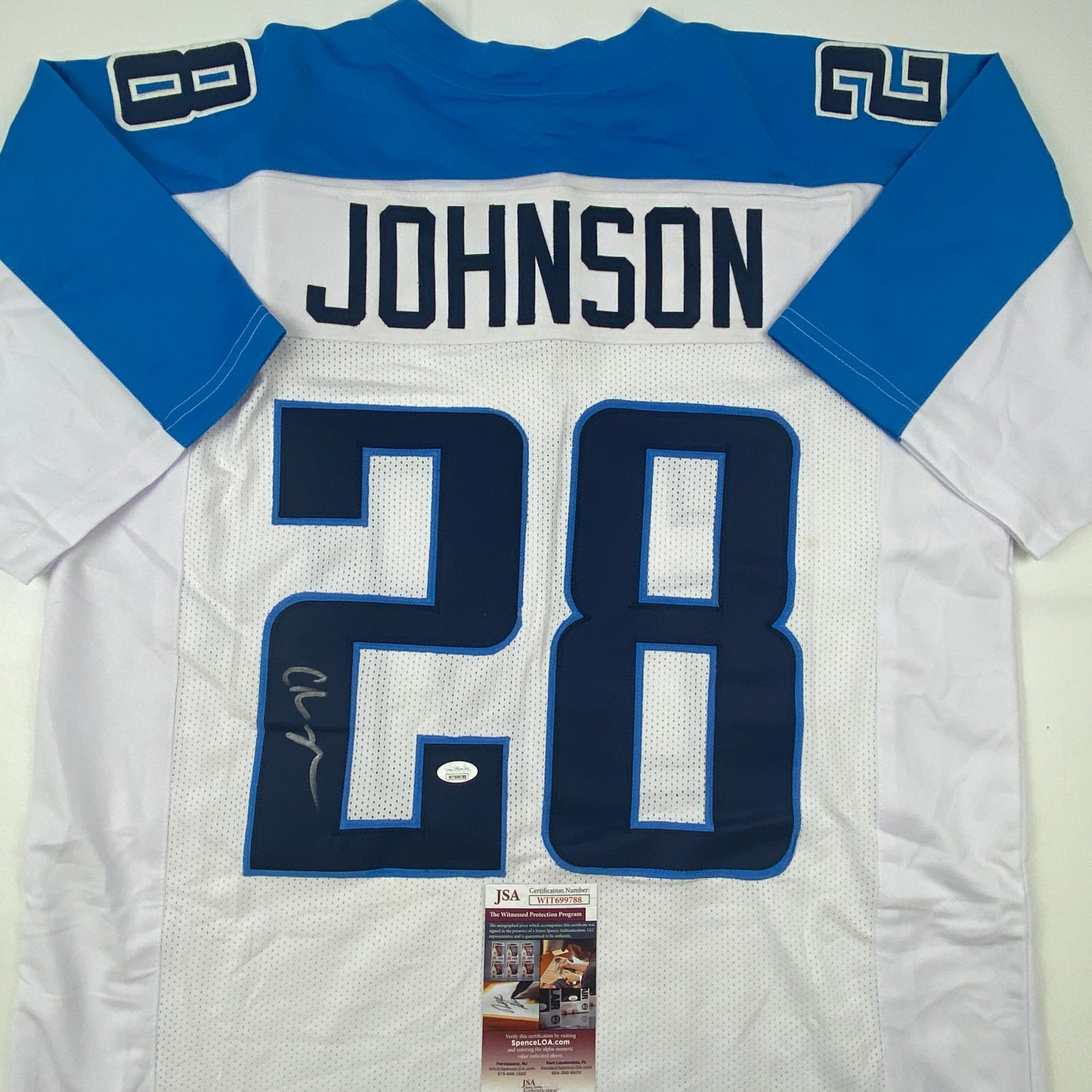 Autographed/Signed Chris Johnson Tennessee White Football Jersey JSA COA