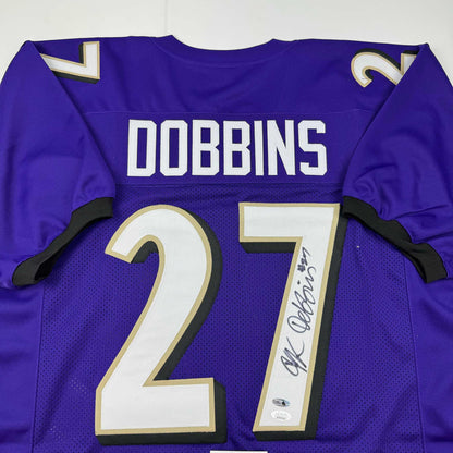 Autographed/Signed J.K. Dobbins Baltimore Purple Football Jersey JSA COA