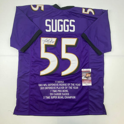 Autographed/Signed Terrell Suggs Baltimore Purple Stat Football Jersey JSA COA