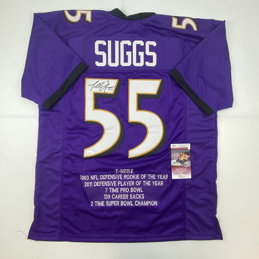 Autographed/Signed Terrell Suggs Baltimore Purple Stat Football Jersey JSA COA