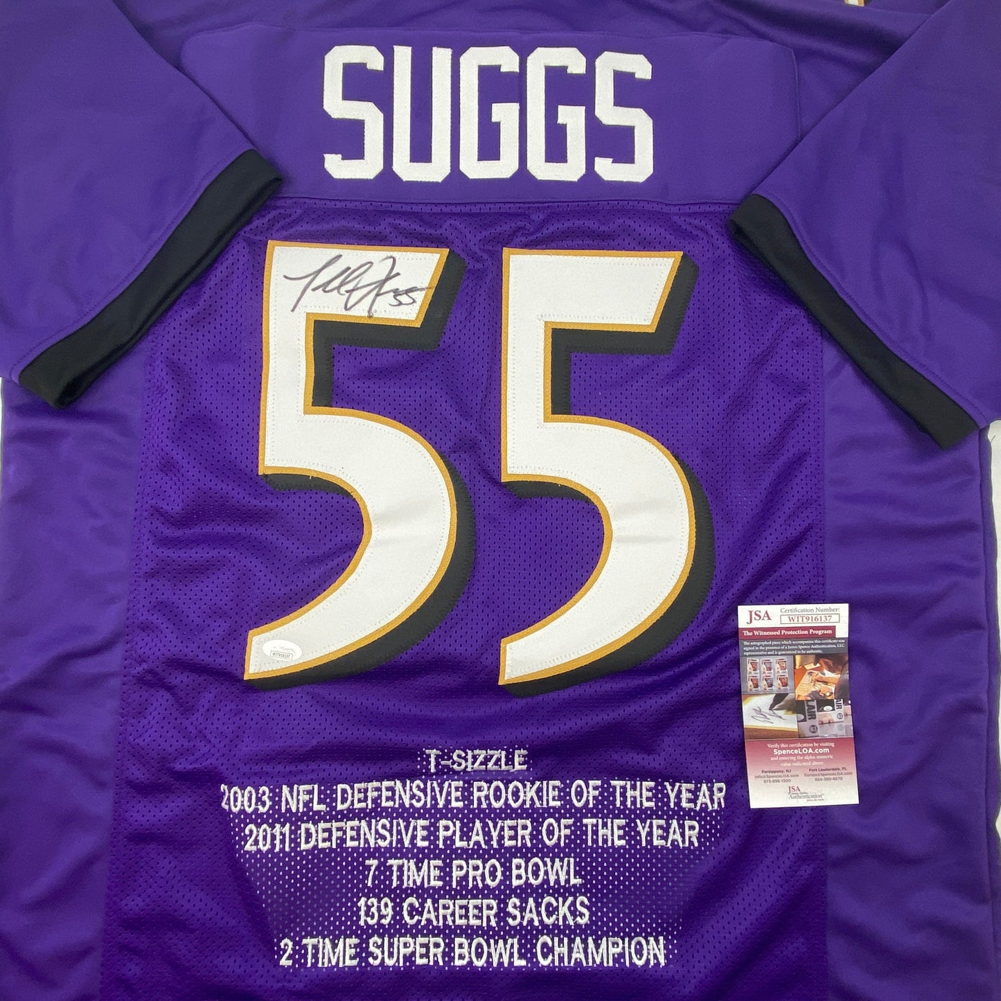 Autographed/Signed Terrell Suggs Baltimore Purple Stat Football Jersey JSA COA