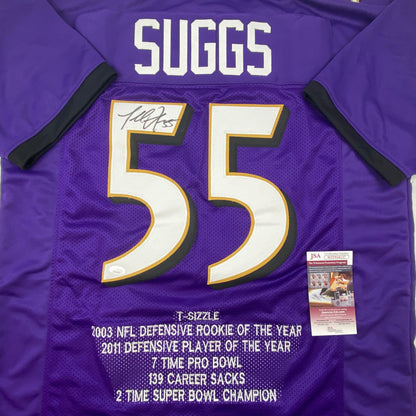 Autographed/Signed Terrell Suggs Baltimore Purple Stat Football Jersey JSA COA