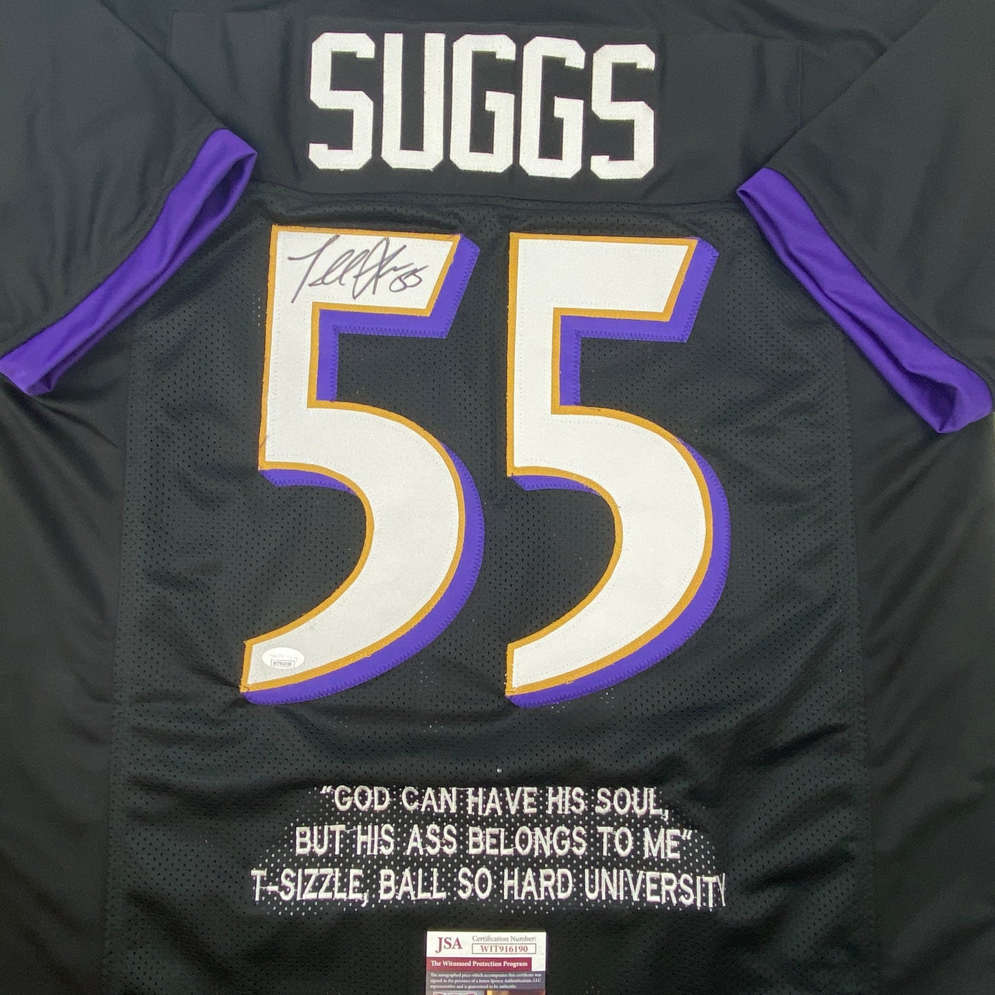 Autographed/Signed Terrell Suggs Baltimore Black Quote Football Jersey JSA COA