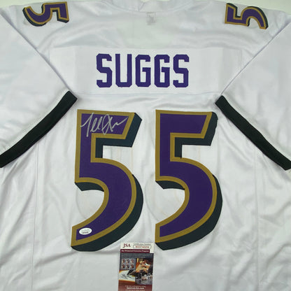Autographed/Signed Terrell Suggs Baltimore White Football Jersey JSA COA