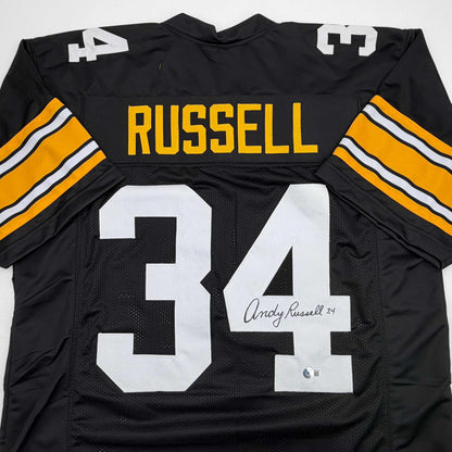 Autographed/Signed Andy Russell Pittsburgh Black Football Jersey Beckett BAS COA