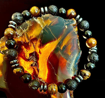Energy Bracelet – Tiger Eye, Black Onyx & Lava Rock with Black Metal Spacers (Fits Large Wrists)