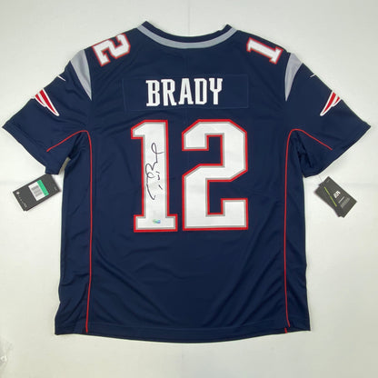 Autographed/Signed Tom Brady New England Patriots Blue Authentic Nike Limited Football Jersey Fanatics COA/LOA