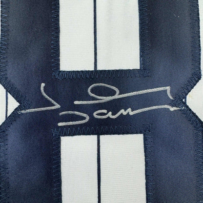 Framed Autographed/Signed Johnny Damon 35x39 New York Pinstripe Baseball Jersey Beckett BAS COA