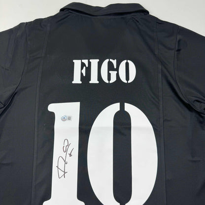 Autographed/Signed Luis Figo Real Madrid Black Soccer Jersey Beckett BAS COA