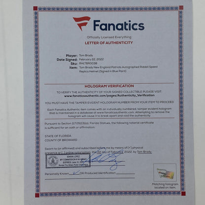 Autographed/Signed Tom Brady New England Patriots Full Size FS F/S Speed Replica Football Helmet Fanatics COA/LOA