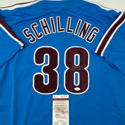 Autographed/Signed Curt Schilling Philadelphia Retro Blue Baseball Jersey JSA COA